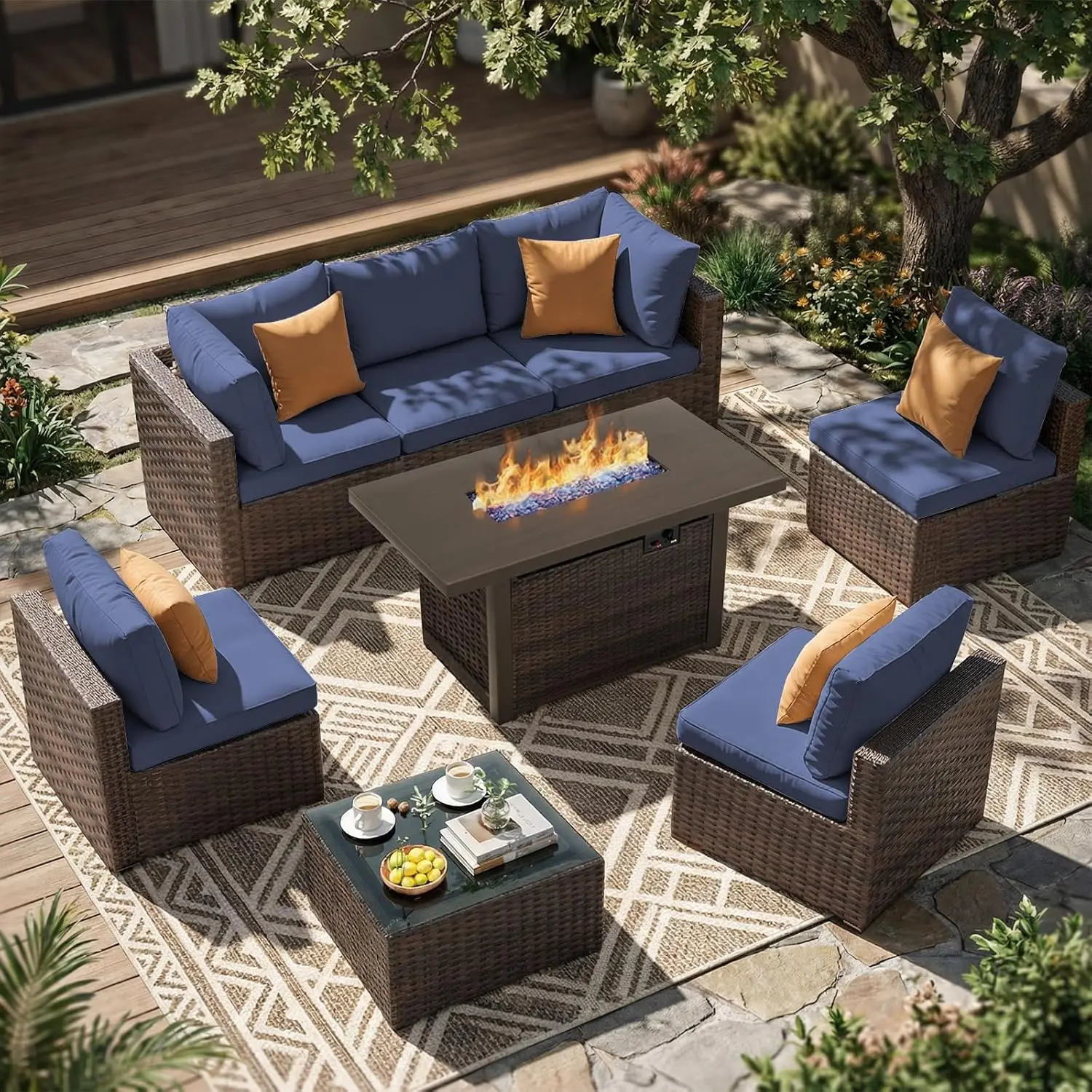 8 Pieces Patio Sectional Sofa Set with 44'' Propane Wicker Firepit Table & Cushions for Backyard Poolside Garden, Customized