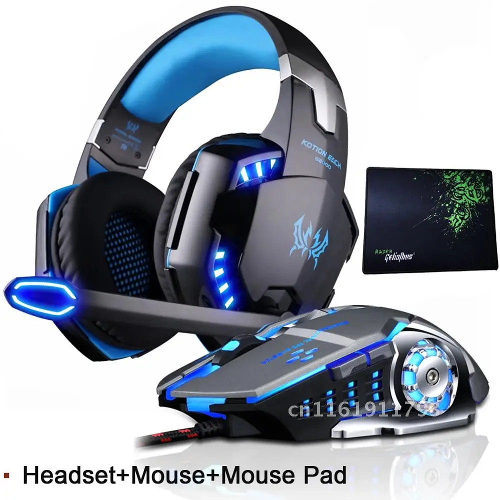 

G2000 Gaming Headset with Microphone LED Light for PC Laptop PS4+Gaming Mouse+Mice Pad Deep Bass Stereo Game Headphone