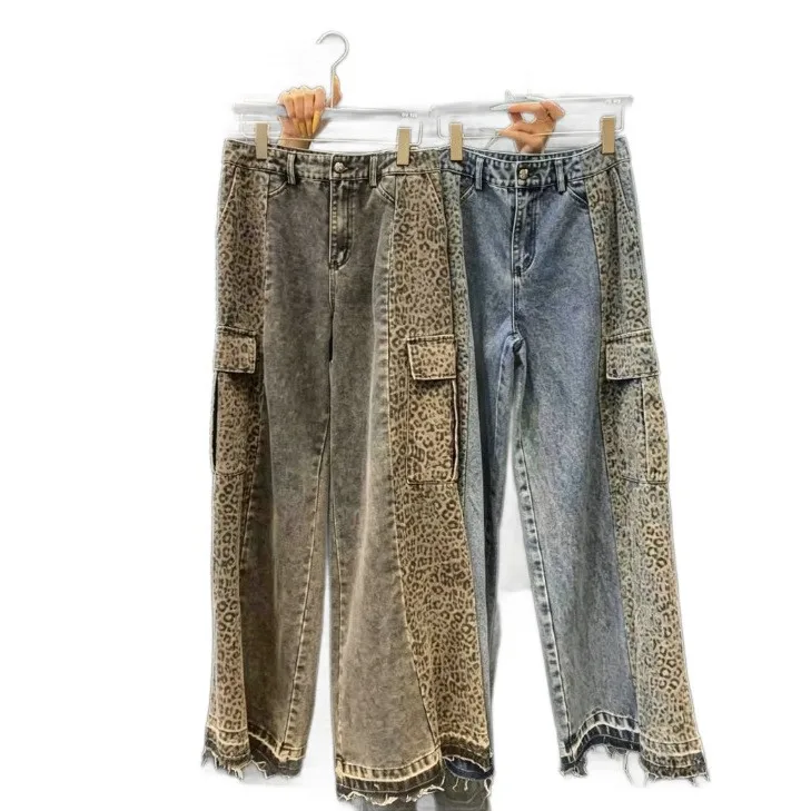 Patchwork Loose Fit Jeans Mid Waist Streetwear with Slight Stretch Frayed Hem Leopard Print Washed Finish Spring Women Jeans