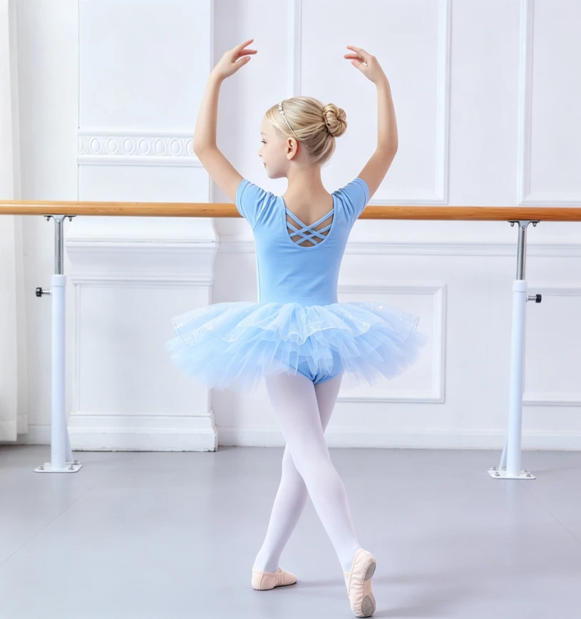 Children Ballet Summer Short Sleeve Cross Back Design Tulle Tutu Leotard Kid Dance Daily Training Class Stage Performance Outfit