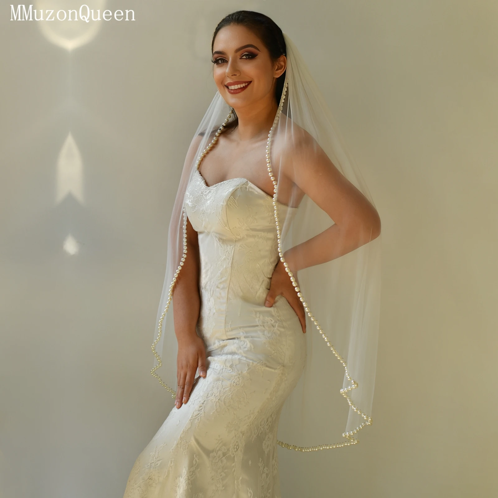 TOPQUEEN V119 أنيقة اللؤلؤ مطرز الحجاب الزفاف 1 متر طويل طبقة واحدة اللؤلؤ طرحة الزفاف اكسسوارات الزفاف للتخصيص