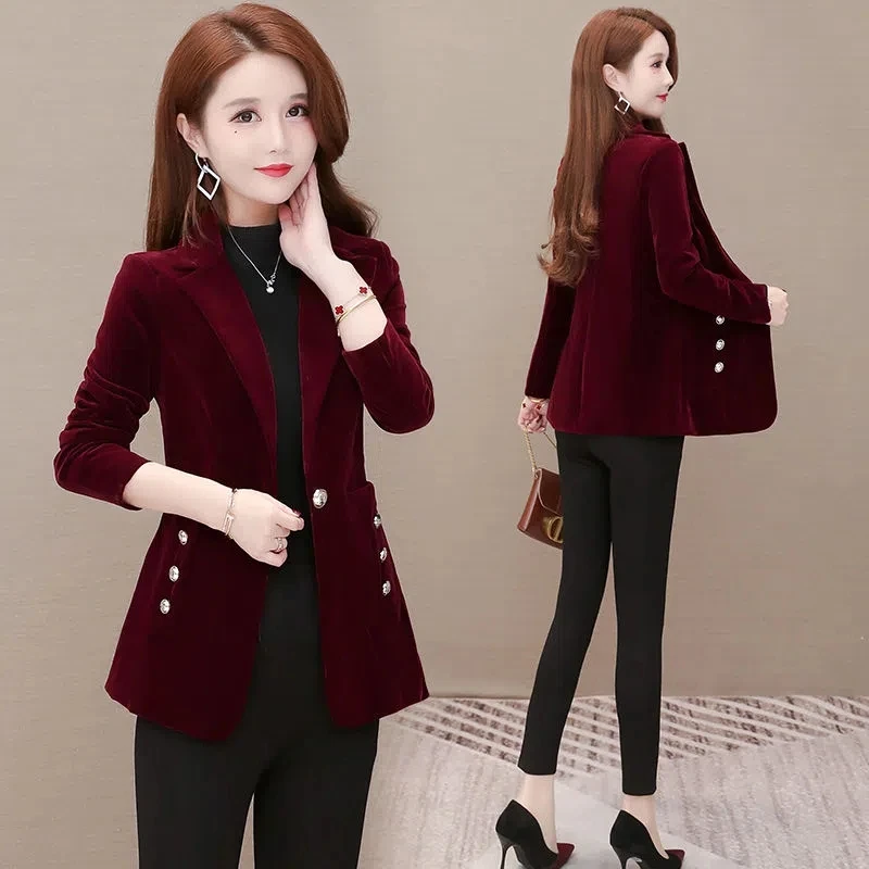 Gold Velvet Suit Jacket Women\'s Spring Clothes 2023 New Spring Autumn Women\'s Professional Suit Jacket Mother Blazer Wine Red