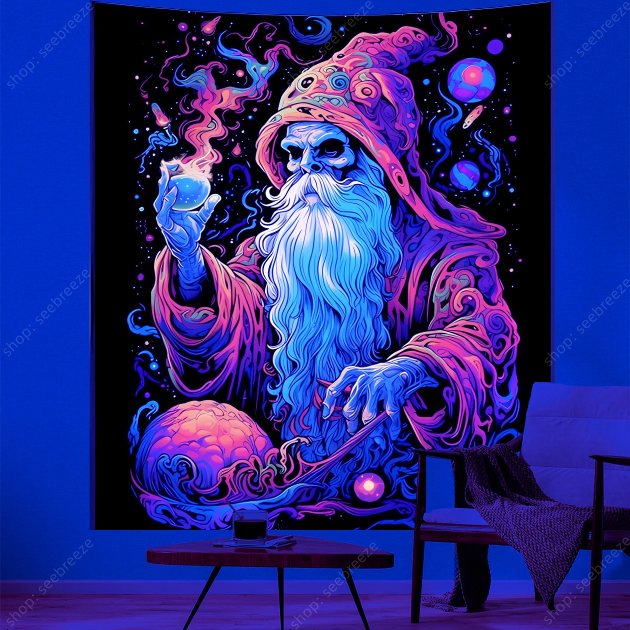 Psychedelic Wizard UV Reactive Tapestry Magic Eyes Neon Universe Starry Tapestry Wall Hanging for Room Decor Witchcraft Supplies