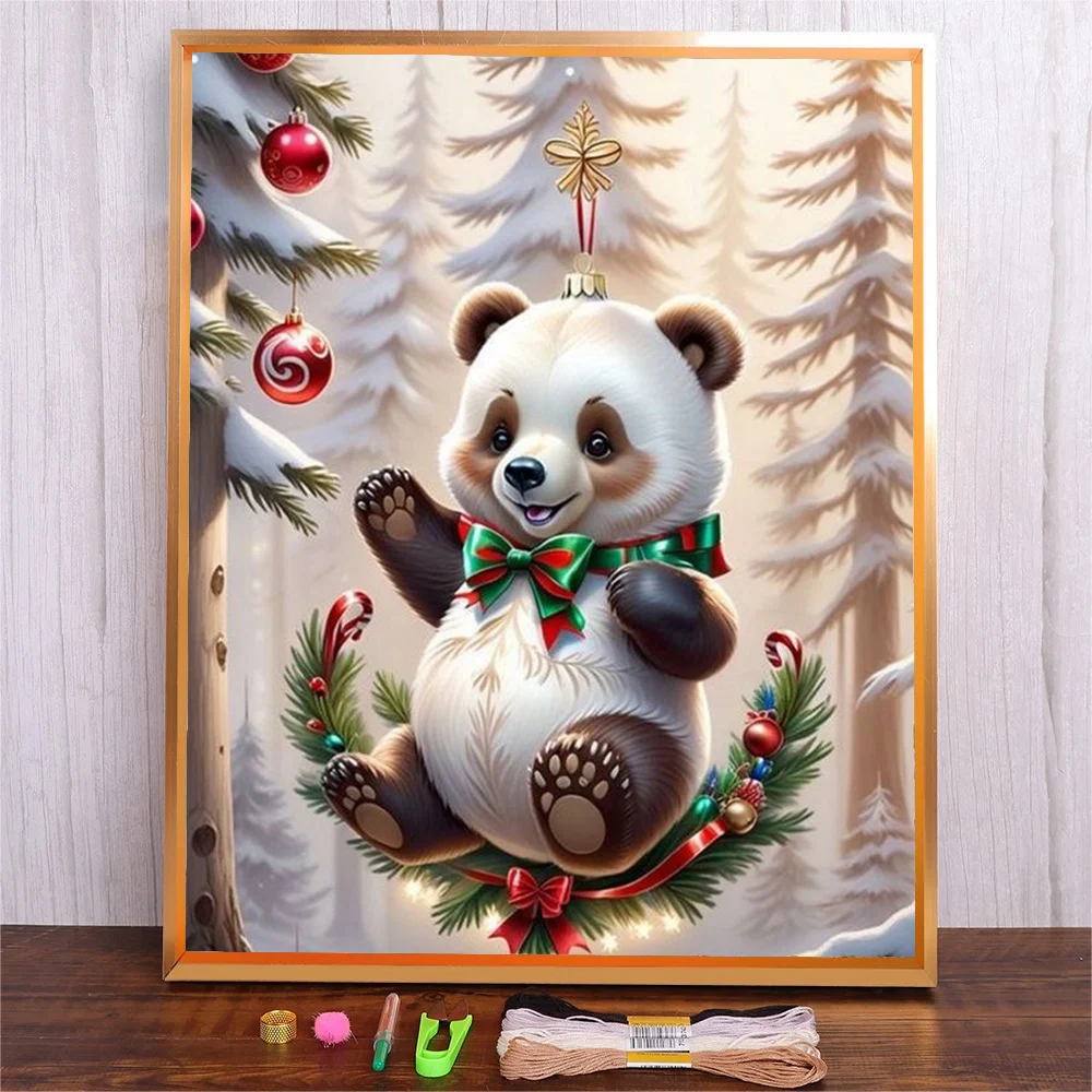 Happy Christmas Embroidery Kit With Holiday Cute Panda Pattern Cross Stitch Kit For Adult Colors Threads Crafts Christmas Decor