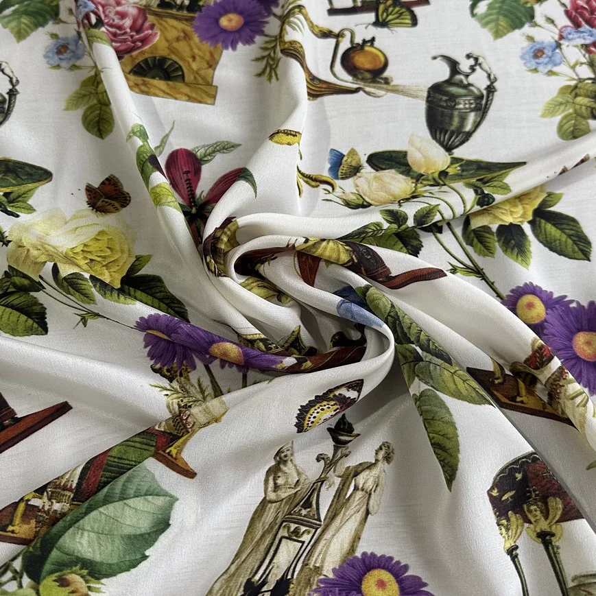 

1 meter 100% Mulberry Silk 14 momme Crepe Silk White Vintage Printed 136cm 53" wide by the yard JJ499