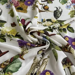 1 meter 100% Mulberry Silk 14 momme Crepe Silk White Vintage Printed 136cm 53