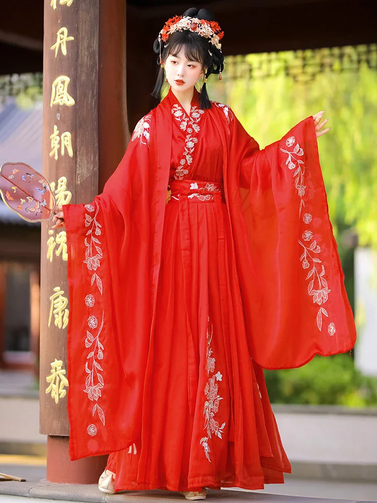 

JY05 Beautiful Women's Classical Dance Costumes Delicacy Embroidery Red Ancient Wedding Dress 2024 New Tide Cross Neck Hanfu Set