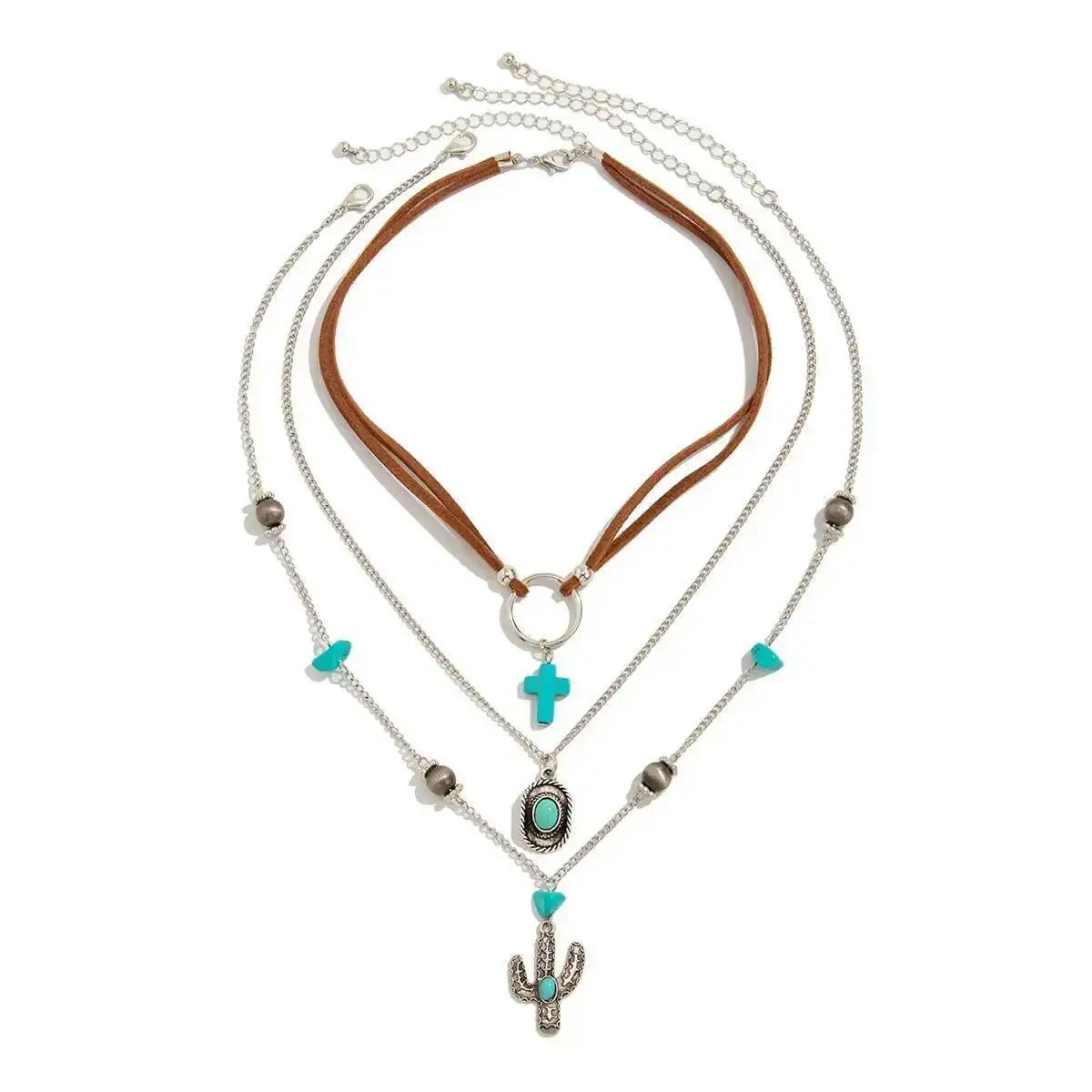

KunJoe 3 Pcs/Set Ethnic Retro Cross Cowboy Hat Cactus Pendant Necklace for Women Trendy Blue Natural Stone Chain Layered Choker