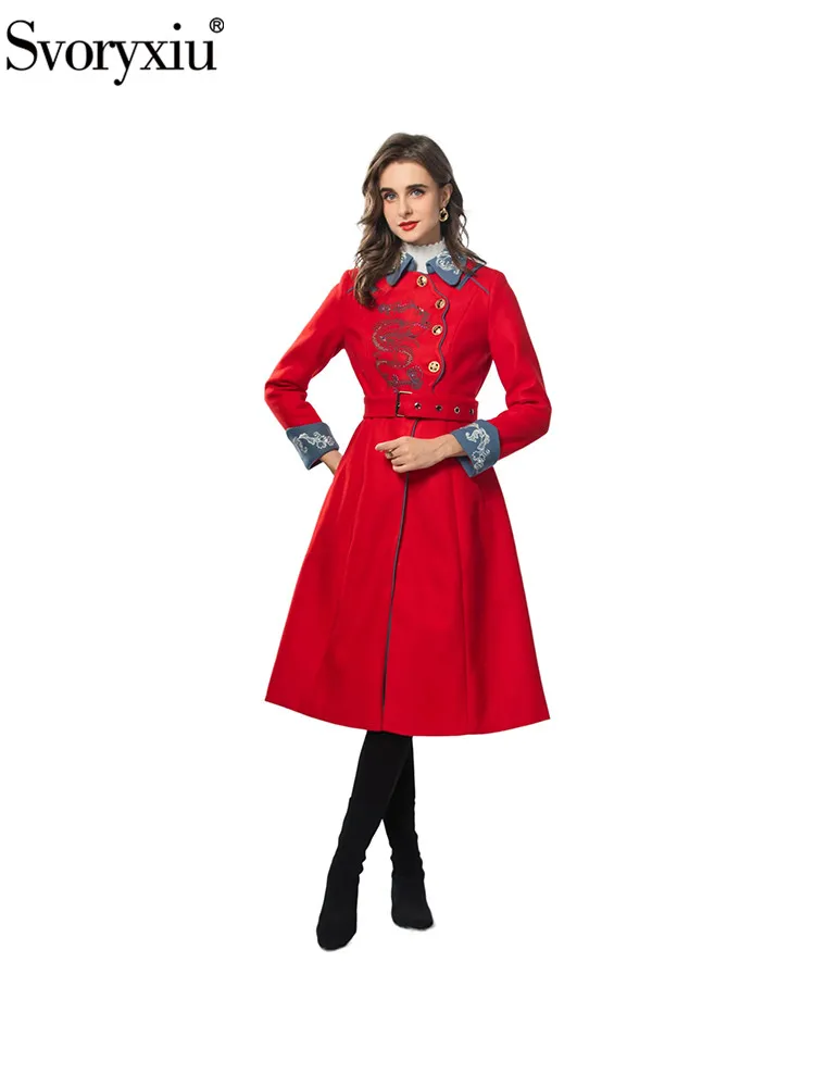 

Svoryxiu Fashion Runway Winter Vintage Embroidery Outerwear Women's Turn-down Collar Long Sleeve Belt Slim A-Line Outerwear