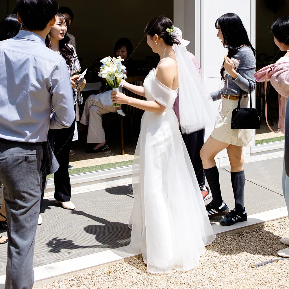 Vestido de novia de satén de Organza con cuello Barco, elegante vestido de novia de jardín al aire libre, línea A, largo hasta el suelo, con cordones en la espalda