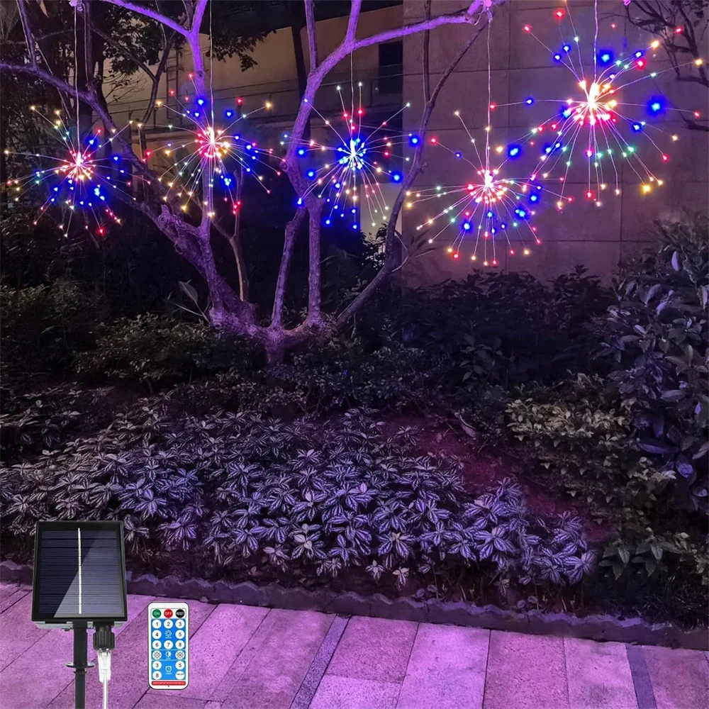 Solar Powered Fire works 3/4/5pcs String Lights Outdoor Waterproof Hanging Light 8 Lighting Modes Yard Garden Party Decoration