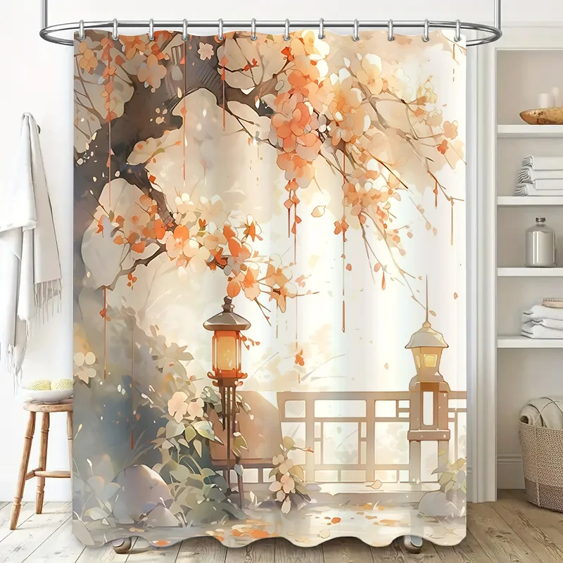 

Элегантная занавеска для душа с вишневым цветом и фонариками для ванной комнаты, декоративная водонепроницаемая тканевая занавеска для ванны, защита конфиденциальности