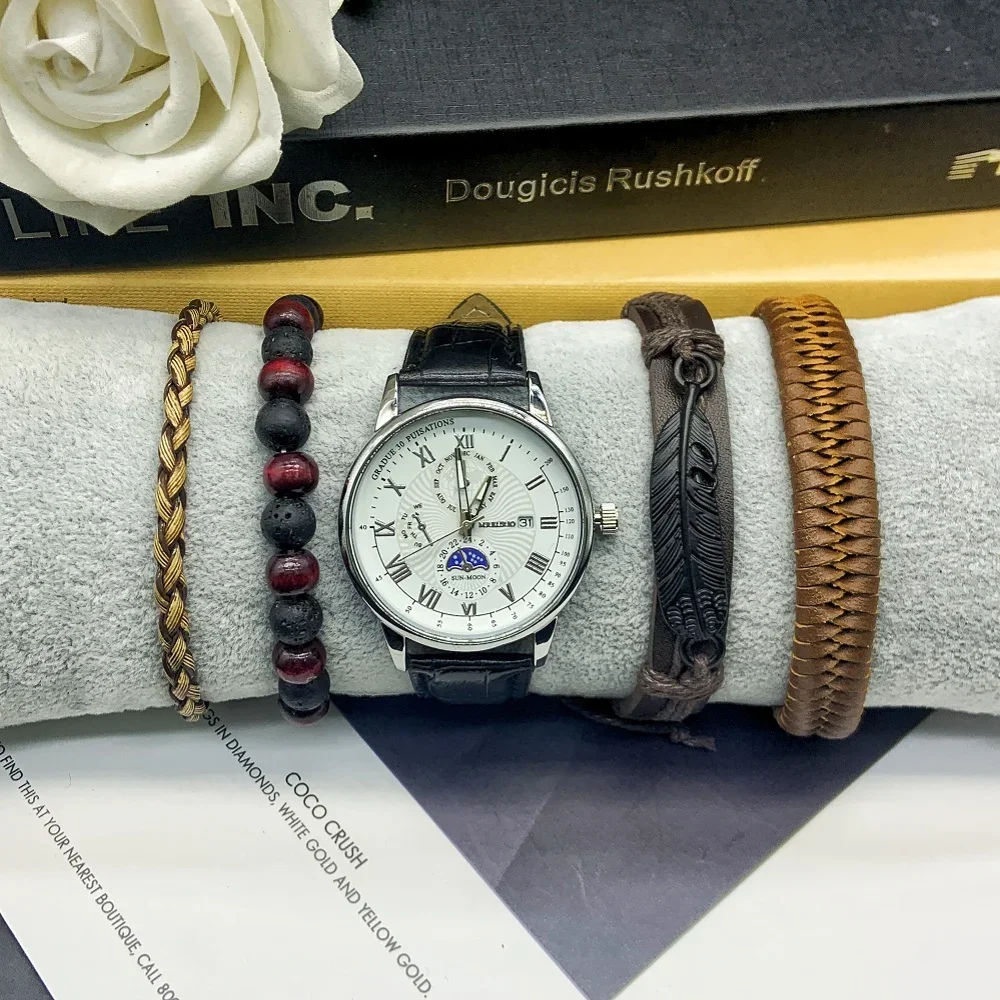 5Pc Heren Echt Quartz Horloge Klassiek Mode Trend Hoogwaardig Temperament Heren Horloge Inclusief Armband Doos Voor Het Bedrijfsleven