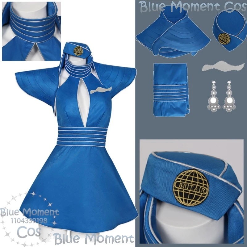 

Blue Flight Attendant Uniform Cosplay Carnaval Navidad Airline Stewardess Hat Dress Woman Clothes Halloween Roleplay Festival