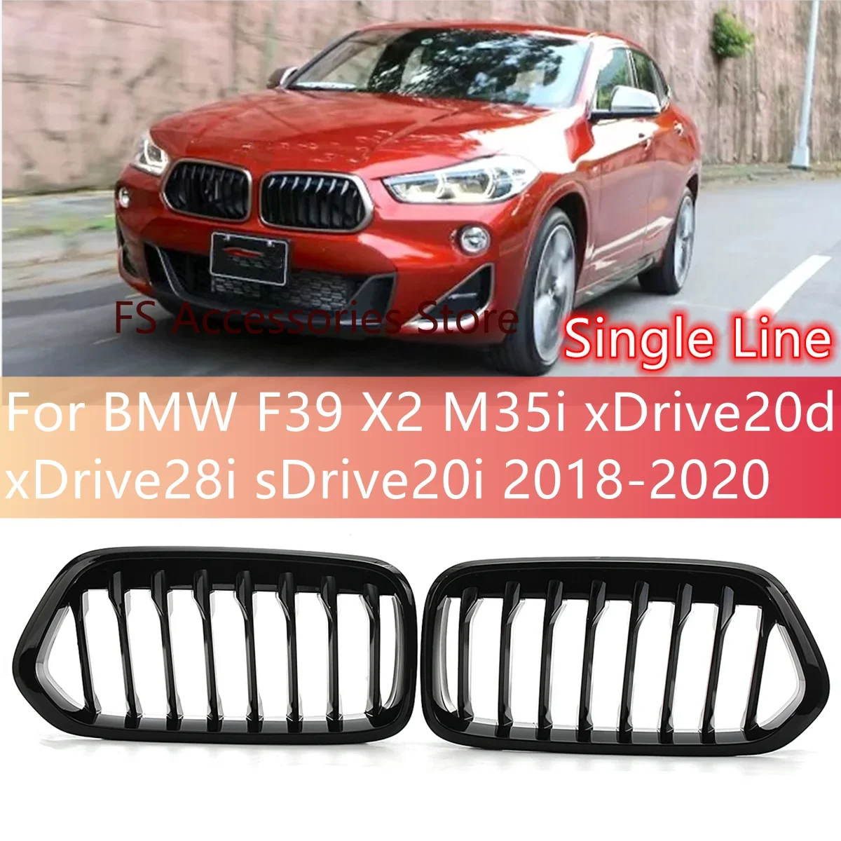 Gloss Black Car Front Bumper Kidney Single Line Grille Racing Grills For BMW F39 X2 M35i xDrive20d xDrive28i sDrive20i 2018-2020