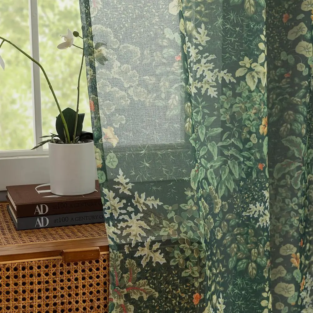 

Extra Long French Country Sheer Curtains 108 Inches Long 2 Panels Cottagecore Leaf Floral Botanical Dark Green Curtains for Livi