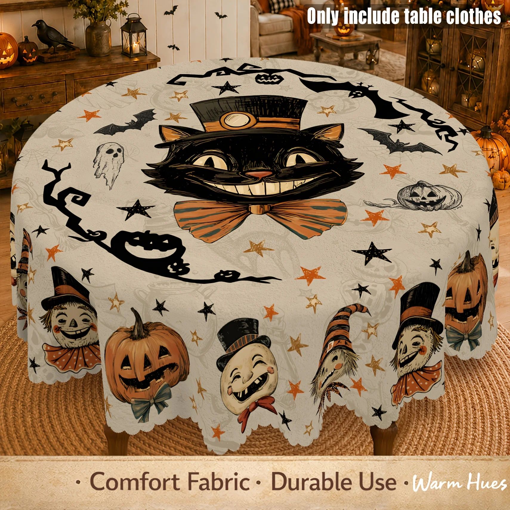 1 piece, cute retro Halloween black cat tablecloth, smiling black cat and top hat print