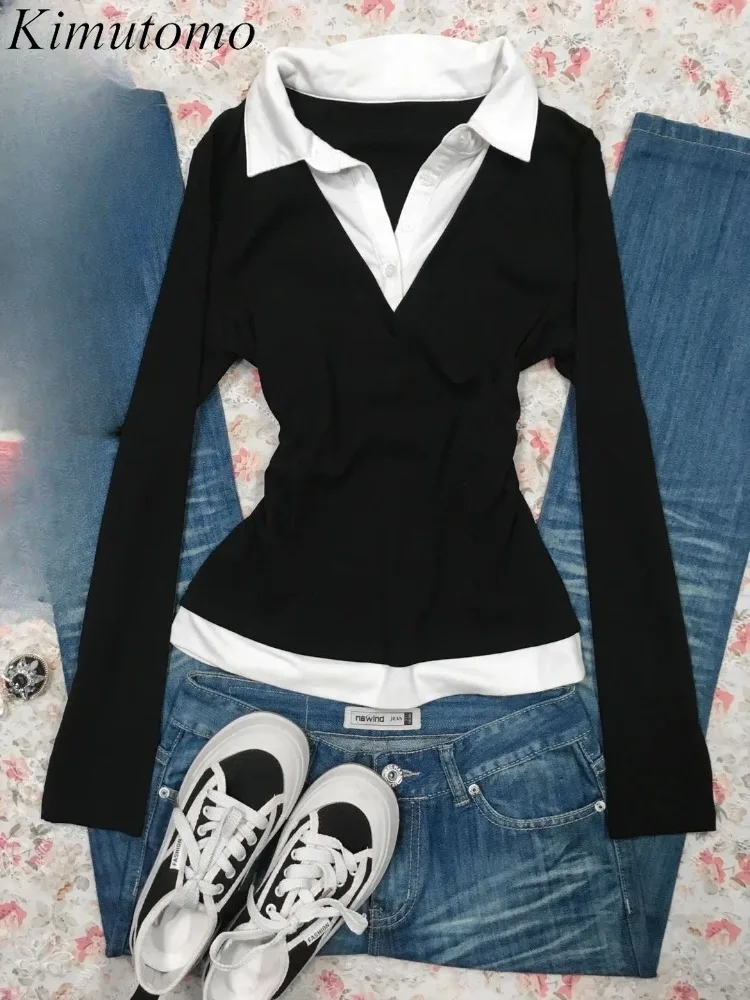 Kimutomo Fake Two Piece Vintage T Shirts Women Turn Down Collar Long Sleeve Slim Vintage Grunge Gothic Female Tops Casual Shirt