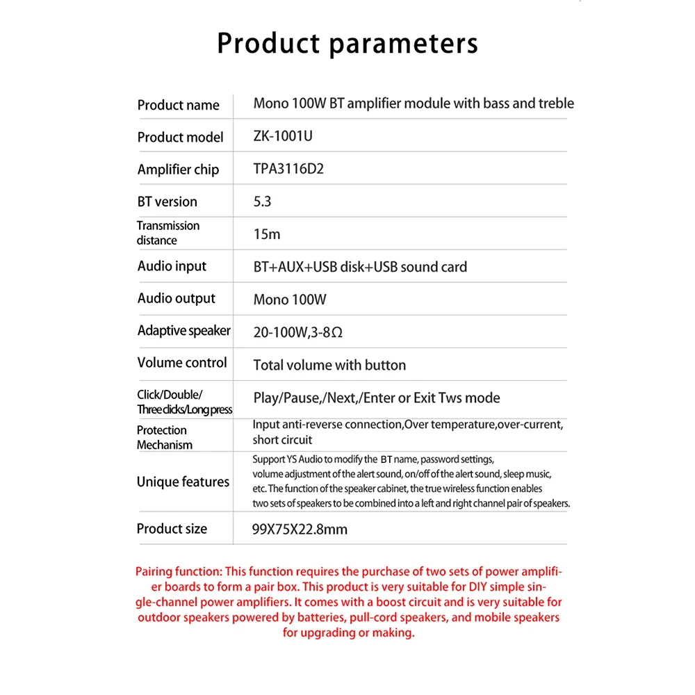 تيار مستمر 9-24 فولت ZK-1001U بلوتوث مضخم الصوت لاعب 100 واط عالية الطاقة TPA3116D2 مكبر للصوت مجلس يدعم الاتصال الداخلي TWS #5