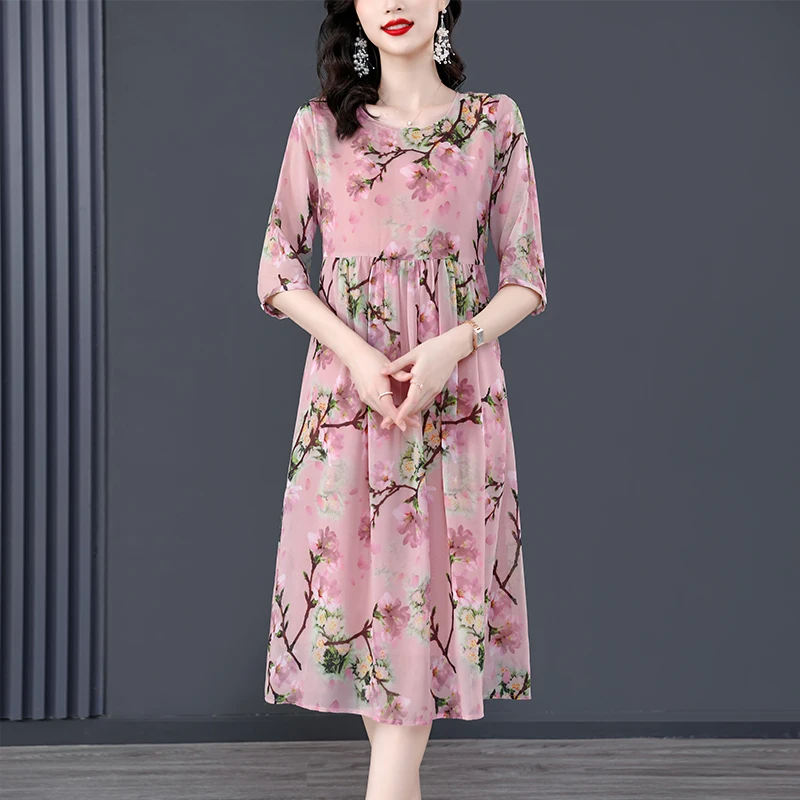 Women Pink Floral Mulberry Silk Midi Dress Summer New Elegant Loose Waist Plus Size Dress 2024 Korean Vintage Casual Party Dress - Detail 1