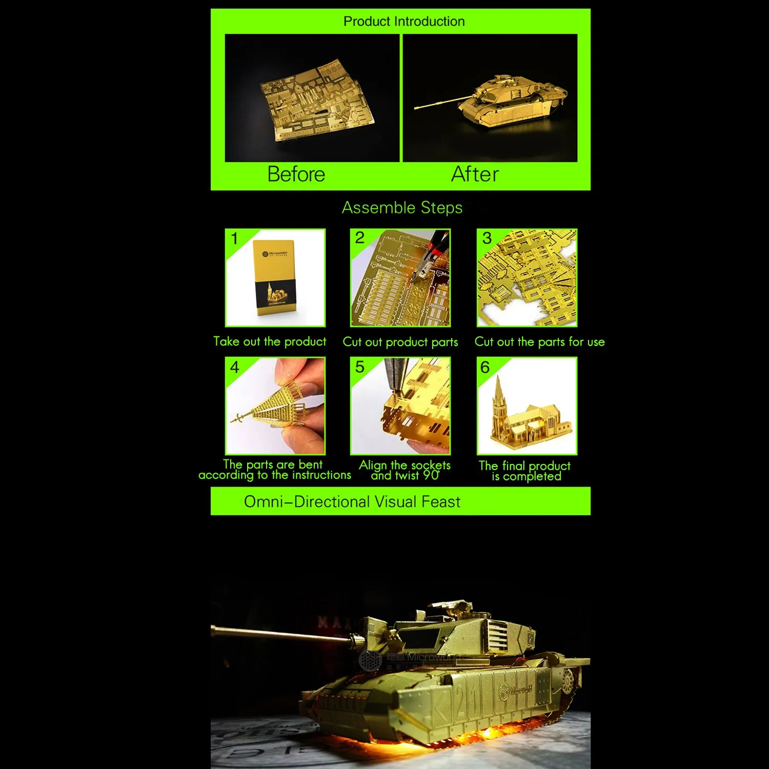 Microworld 3D Three-Dimensional Metal Puzzle Main Battle Tank Educational Toy Model DIY Assembled Tank Gift A