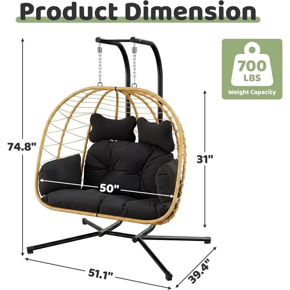 Double Hanging Egg Chair with Stand, Outdoor Indoor Swing Chair, Removable Cushion, 2 Person, Heavy Duty 700LBS, Patio, Bedroom,