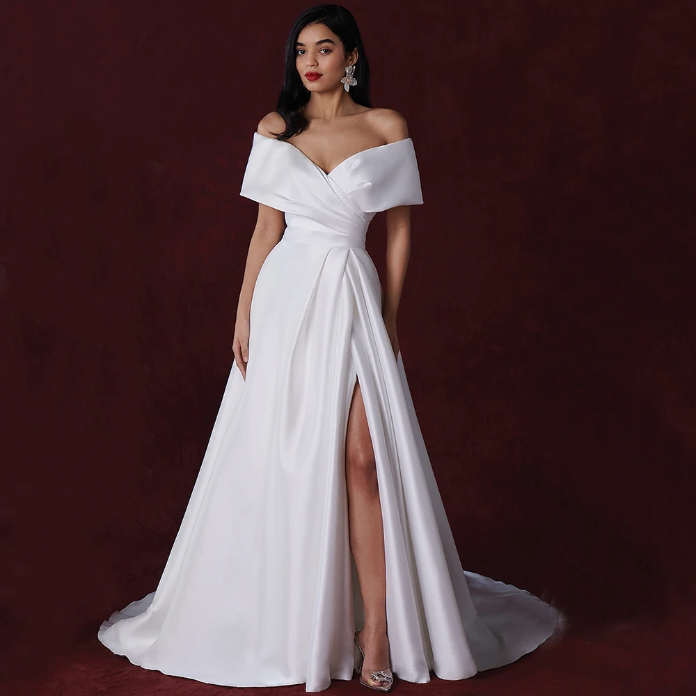 Classic Off the Shoulder Satin Bridal Wedding Dress Side Slit Draped Floor Length V-Neck Half Back Short Sleeve Custom Gowns