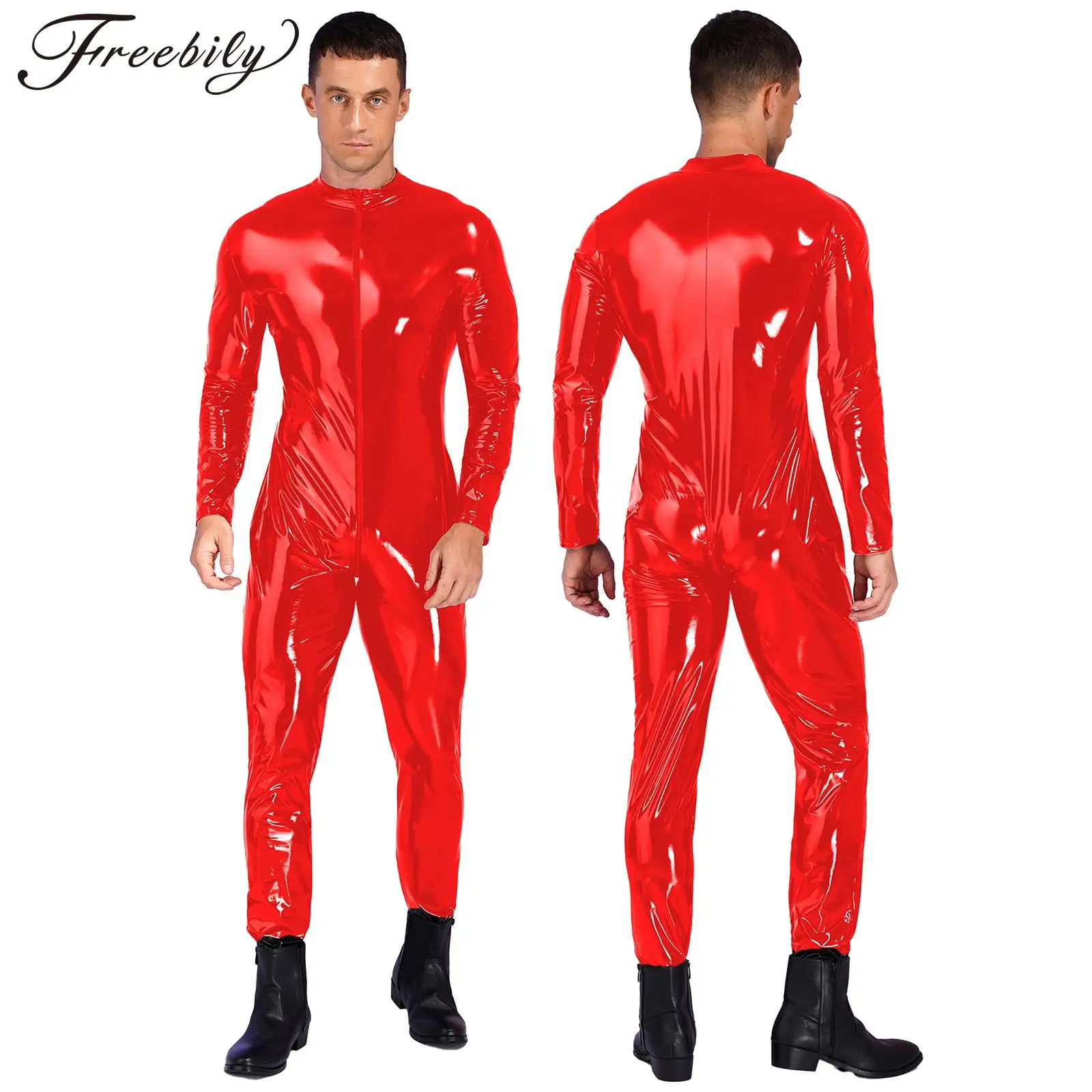 Mens Wet Look Patent Leather Bodysuit Long Sleeve Zipper Crotch Jumpsuit Rave Party Nightclub Pole Dancing Performance Clubwear