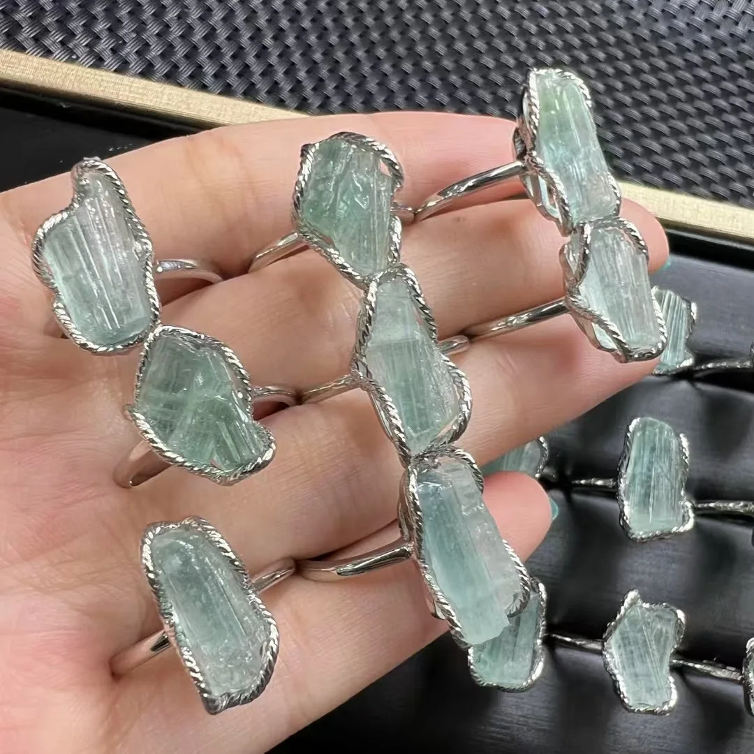 1 Pc Fengbaowu Natural Raw Rough Blue Tourmaline Ring 925 Sterling Silver Reiki Healing Stone Jewelry Gift Men Women