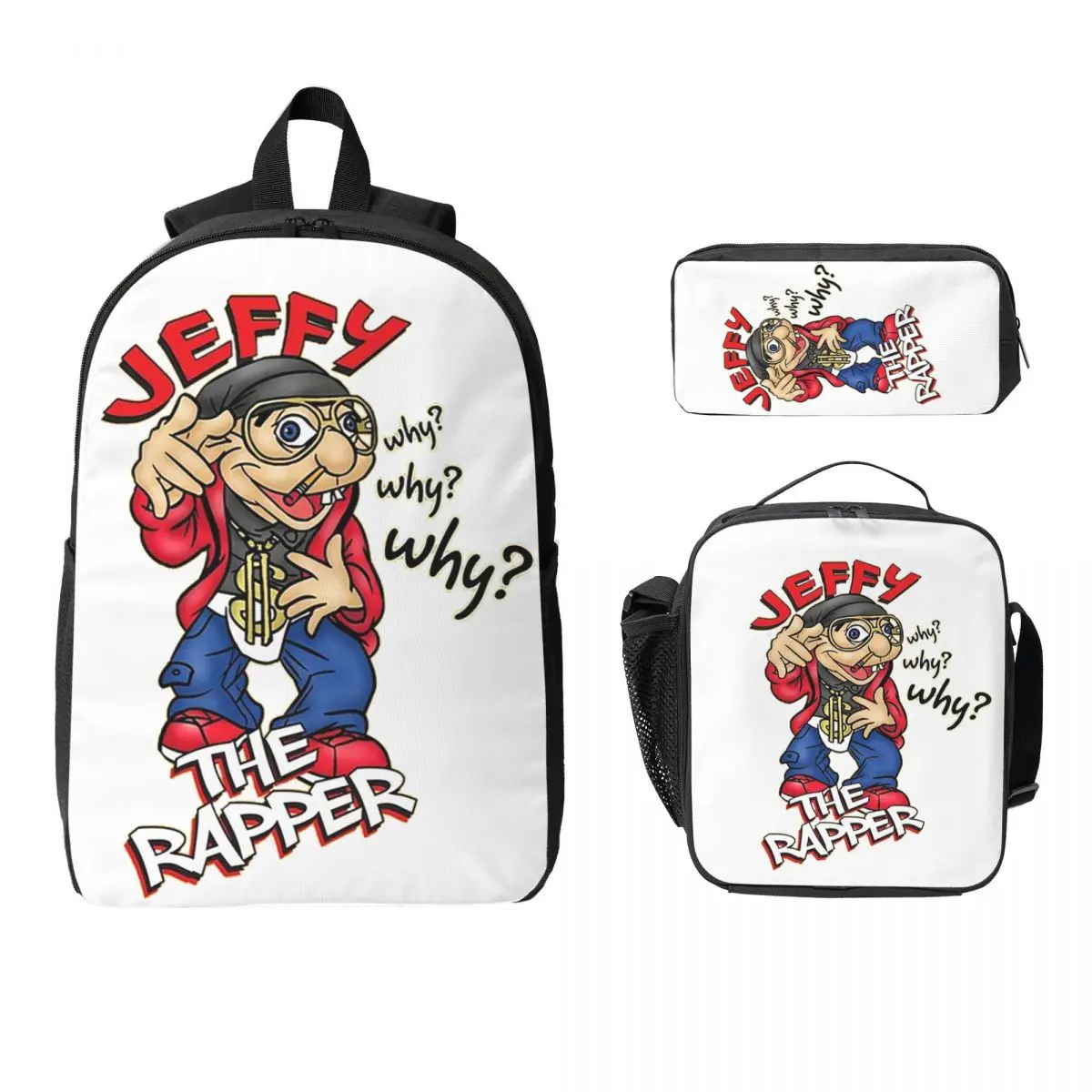 

Jeffy The Rapper Funny SML Character Sleeveless Top Backpack Boys Girls BookBag School Bag 3ps Insulated Lunch Bag Pencil Case