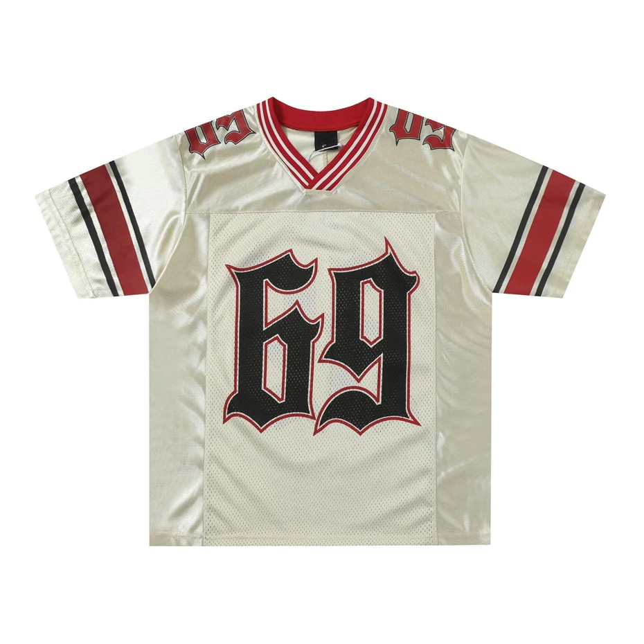 Vintage Jersey T-Shirt Y2K Graphic Printed Sport Patchwork Breathable Tshirt Streetwear Harajuku Hip Hop Casual V-Neck Top Male