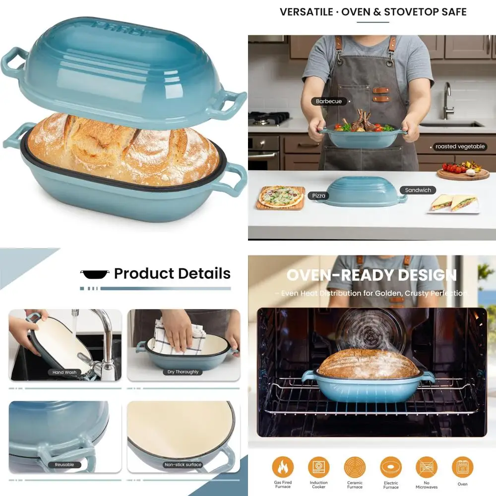 

Enameled Cast Iron Dutch Oven - 9 x 5.8 Inch Oval Bread Pan with Lid for Homemade Sourdough Baking