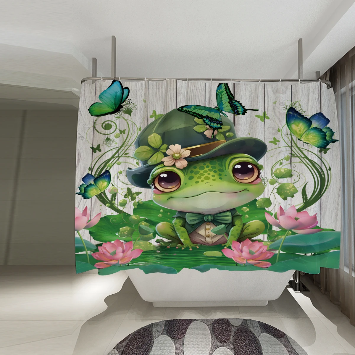 Rural Style Lotus Pond Frog Pattern Decor Fabric Bathroom Waterproof Shower Curtain With12 Pack Hooks