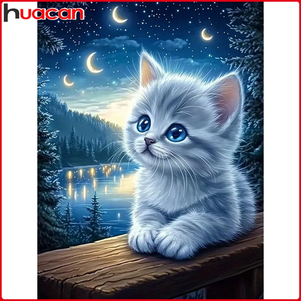 Huacan Vollquadrat- und Rundbohrer-Diamantmalerei: Katze und Mond, Diamantmosaik, Tier- und Landschaftsset zur Heimdekoration
