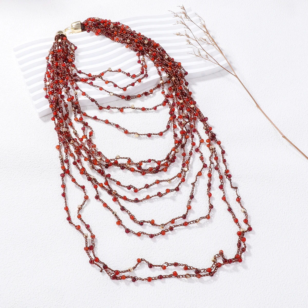 2024 Vintage MultilayerHandmade  Red String Beads Tassel Pendant Necklace for Women Boho Statement Jewelry Set Wholesale