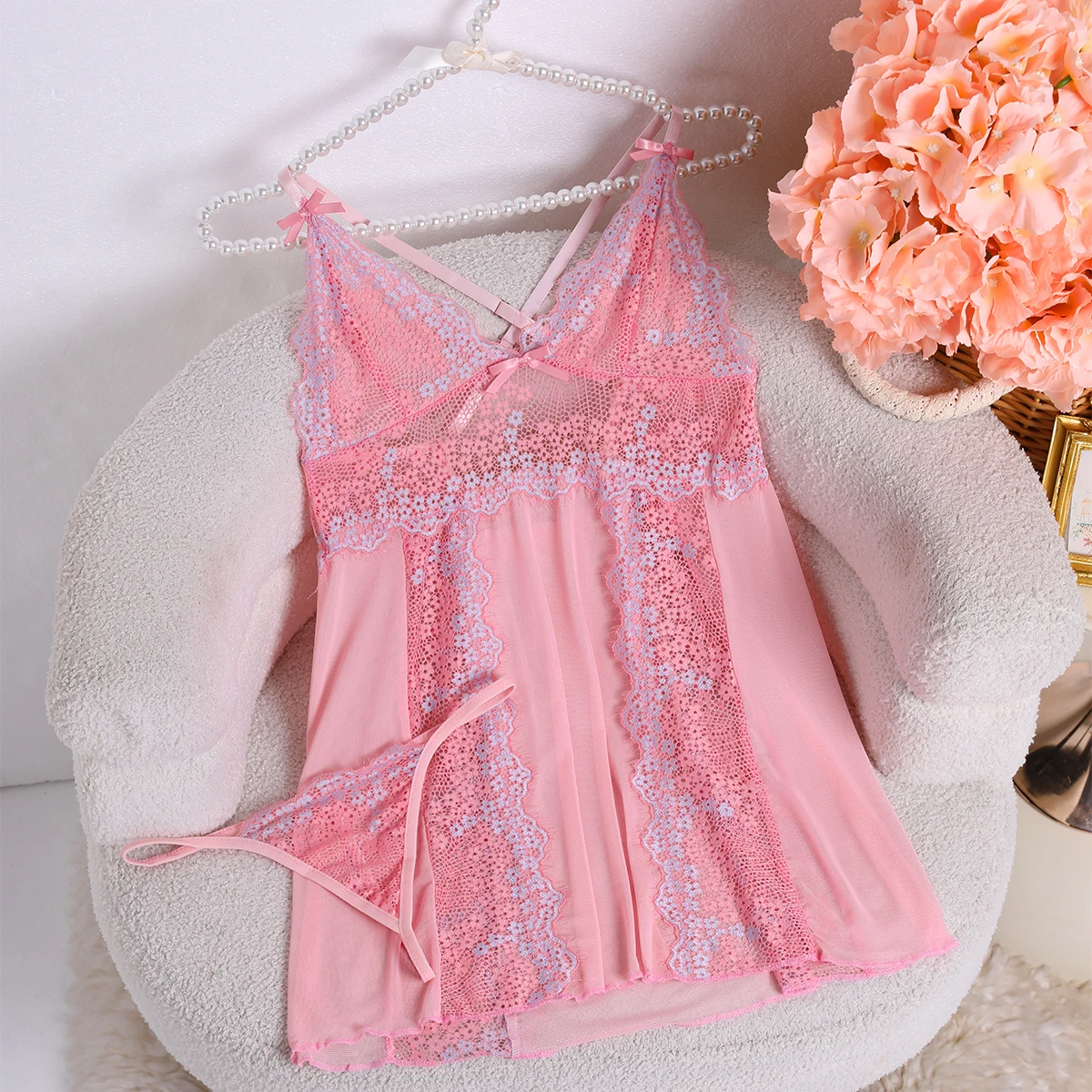 Sexy Solid Pink Slip Nightdress Contrast Laces V- Neck Backless Sleeveless Sling Dress Women\'s Sleepwear Babydoll Dresses Lace