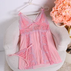 Sexy Solid Pink Slip Nightdress Contrast Laces V- Neck Backless Sleeveless Sling Dress Women's Sleepwear Babydoll Dresses Lace