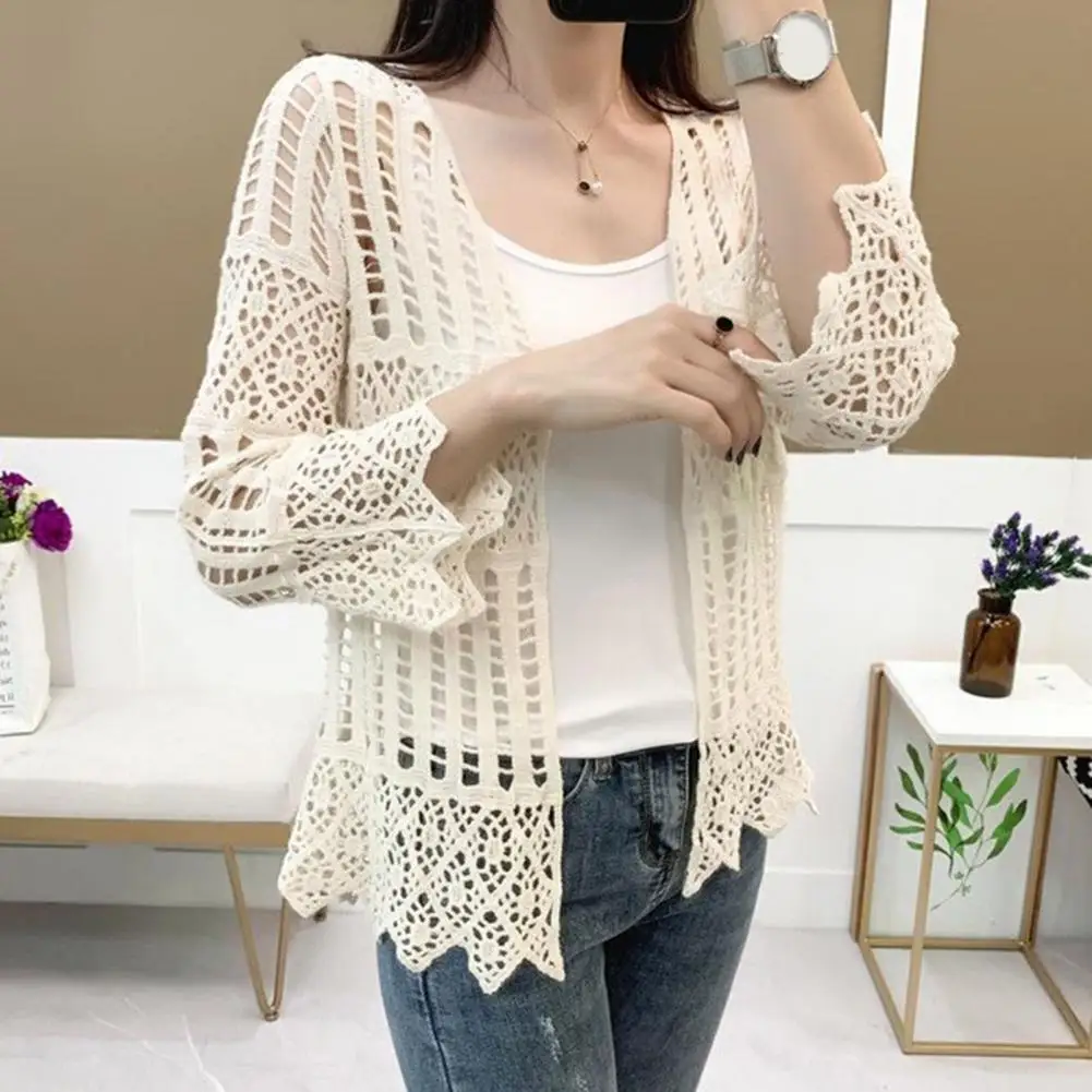 Кружевной кардиган ручной работы, вязаный крючком, женский кардиган 2025, рукав 3/4, ажурный прозрачный свитер с открытой передней частью, летний вязаный свитер в стиле бохо