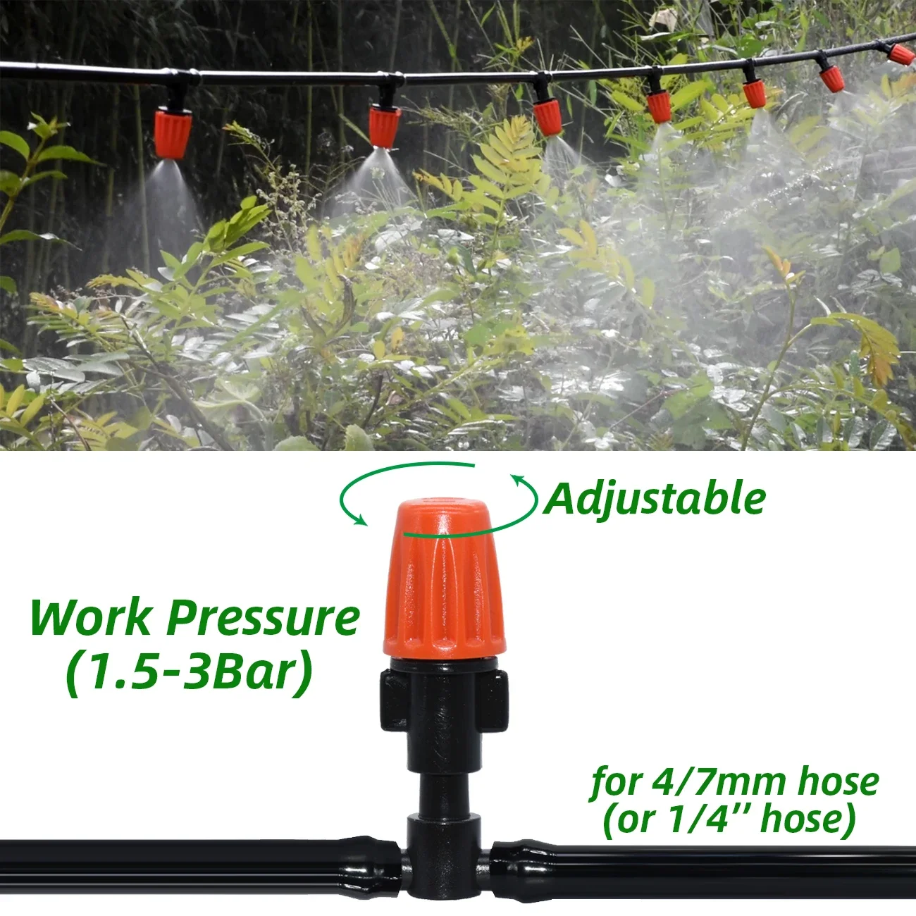 Greenhouse Misting Cooling Adjustable Nozzles w/ 1/4'' Connector for Drip Irrigation Garden Watering System Kit Flower Bonsai