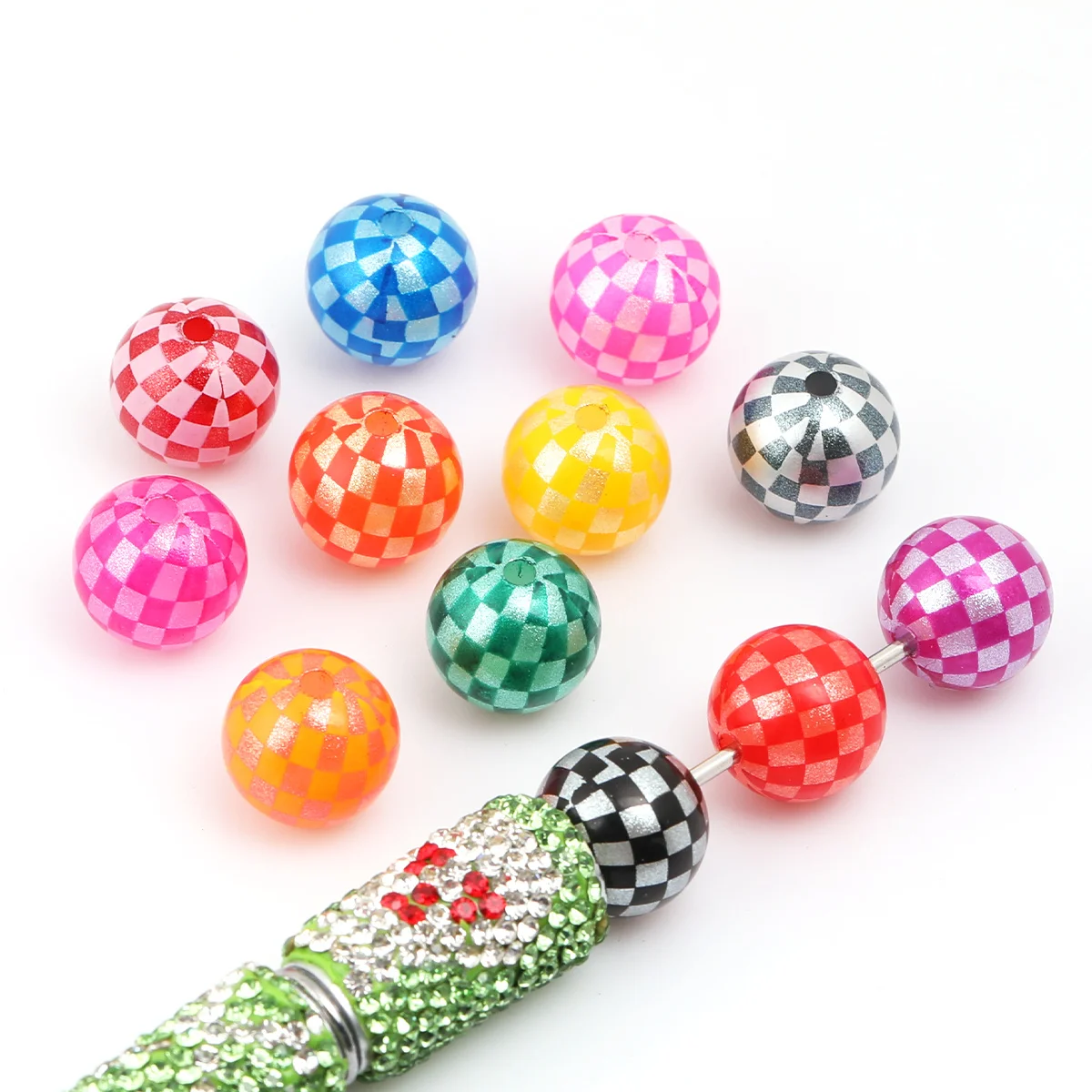 10/20pcs Random Color Checkerboard Glitter Acrylic Round Beads, 16mm Straight Hole Loose Beads for DIY Handmade Craft Supplies