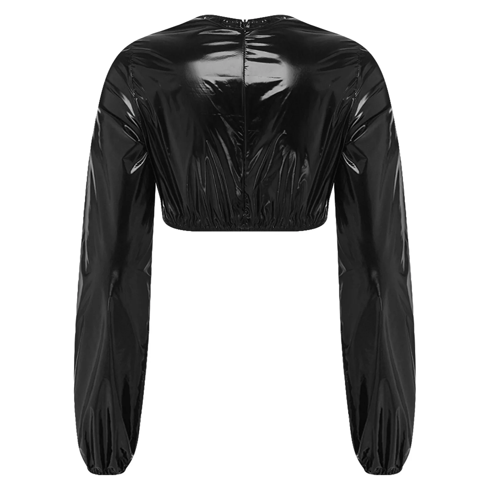 Womens Waterproof Glossy Crop Top Long Sleeve Back Zipper T-shirt Crop Sweat Top for Nightclub Rave Party Pole Dancing Costume