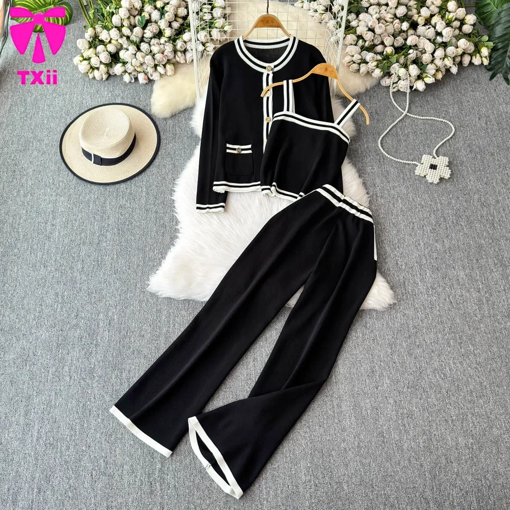 Elegant  explosion street knitted suit women's winter western-style anti-aging top wide leg pants professional three piece set