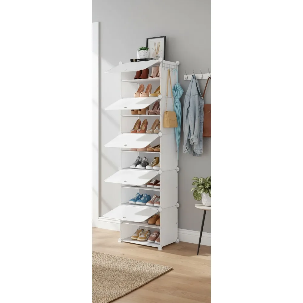 

10-Tier Shoe Storage Cabinet with Door, Expandable Plastic Rack for Closet Hallway Entryway Bedroom in White