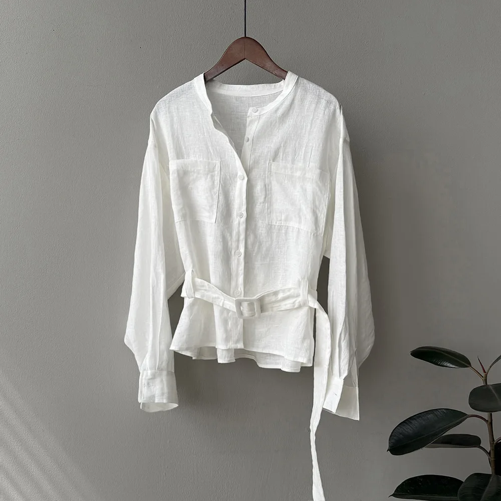 Kalsooni Camisa de lino para mujer de manga larga con cinturón Blusa elegante con botones de verano Top tipo túnica informal de oficina elegante y relajado
