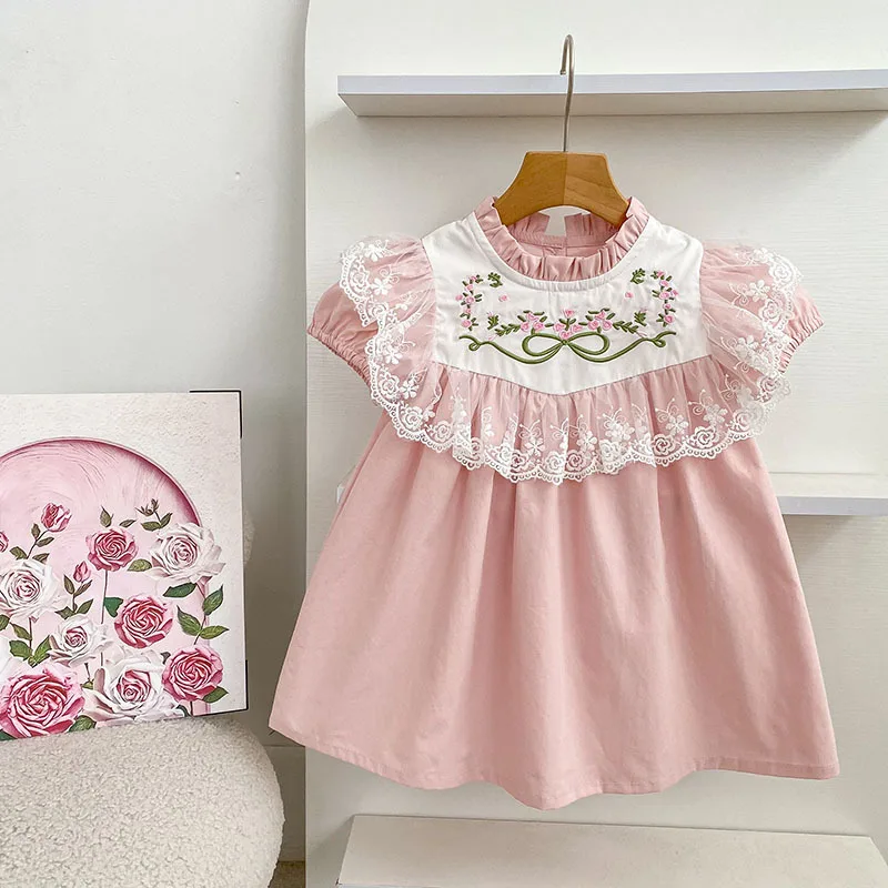 Girls Dress 2026 Spring and Summer New Childrens Clothing Korean Style Girl Baby Lace Standing Collar Flower Embroidery Dress