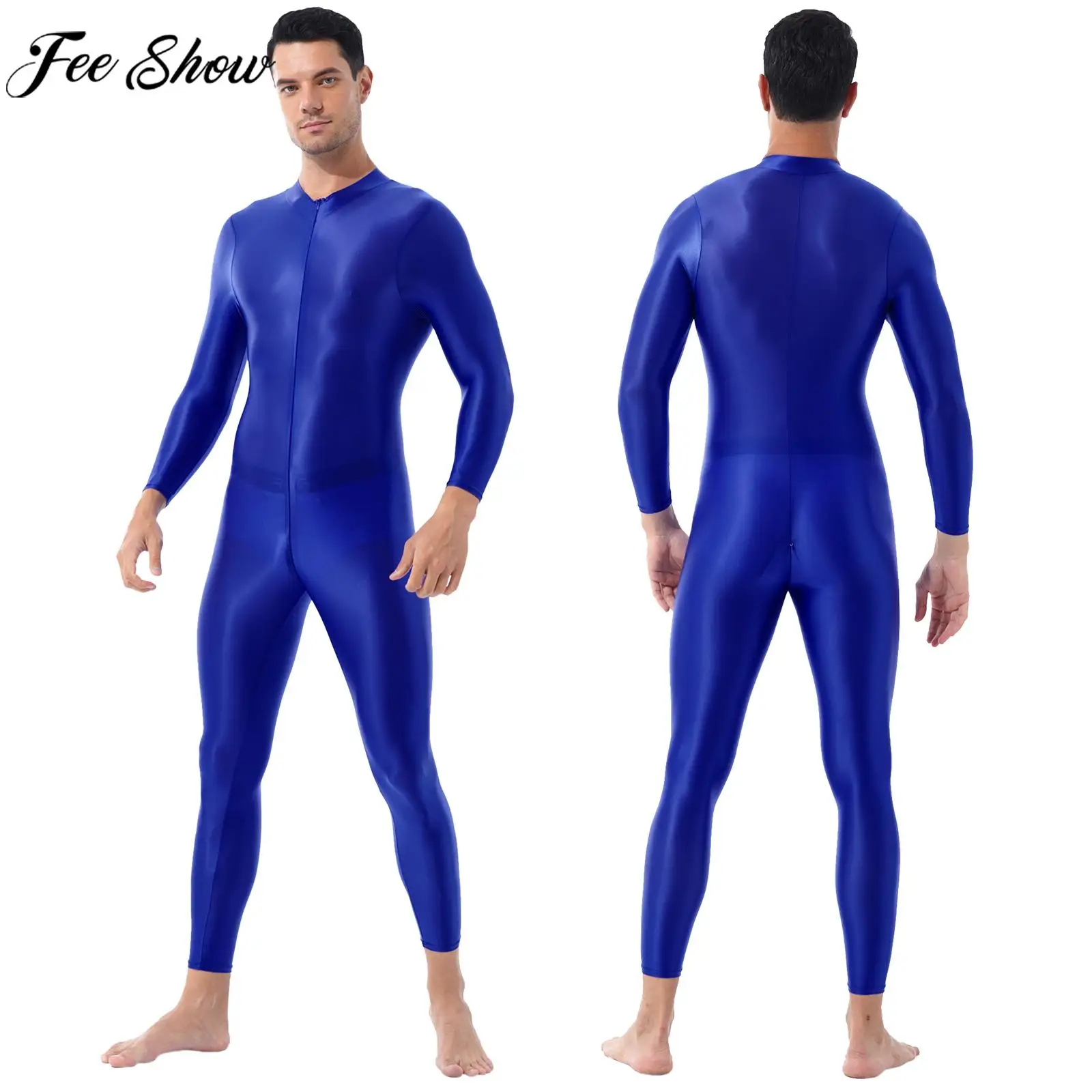 Mens Glossy Bodysuit Long Sleeve High Neck Zipper Jumpsuit Rave Club Party Pole Dancing Performance Leotard Nightwear Clubwear