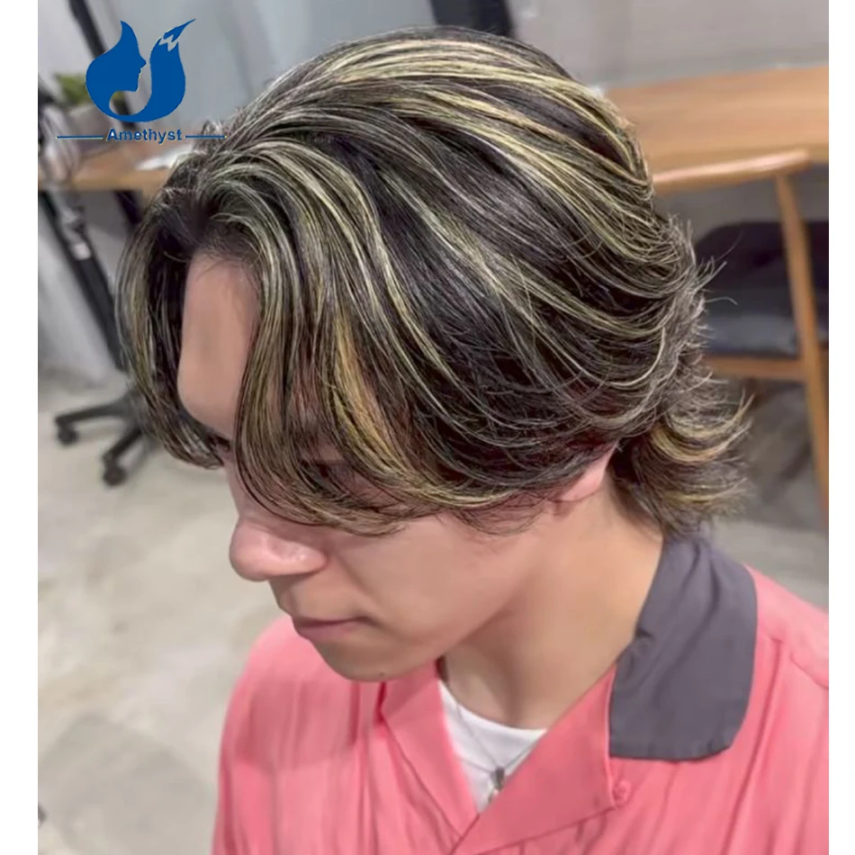 

Amethyst Highlight Blonde Wolf Cut Wig for Men Brazilian Remy Human Hair Pre Plucked Prestyled Layered Male Hair Replacement