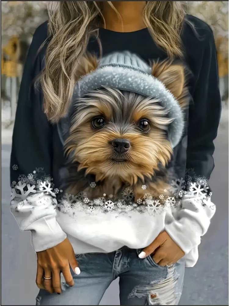 

Women's Animal Print T-Shirt Women Round Neck Long Sleeve Snowflake Casual Top Fashion Loose Spring Autumn Clothes