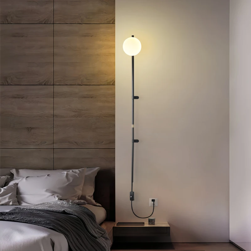 Modern Long Pole Wall Lamps Milky White Glass Ball Long Arm Lamp Minimalist Nordic Bedroom Bedside Living Room Aisle Wall Lights