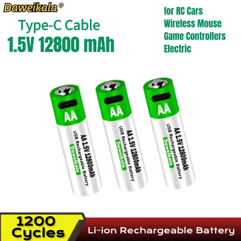 

AA 1.5V 12800mAh Li-ion Rechargeable Battery with Type-C Cable for RC Cars/Wireless Mouse/Game Controllers/Electric Toys 4-Pack
